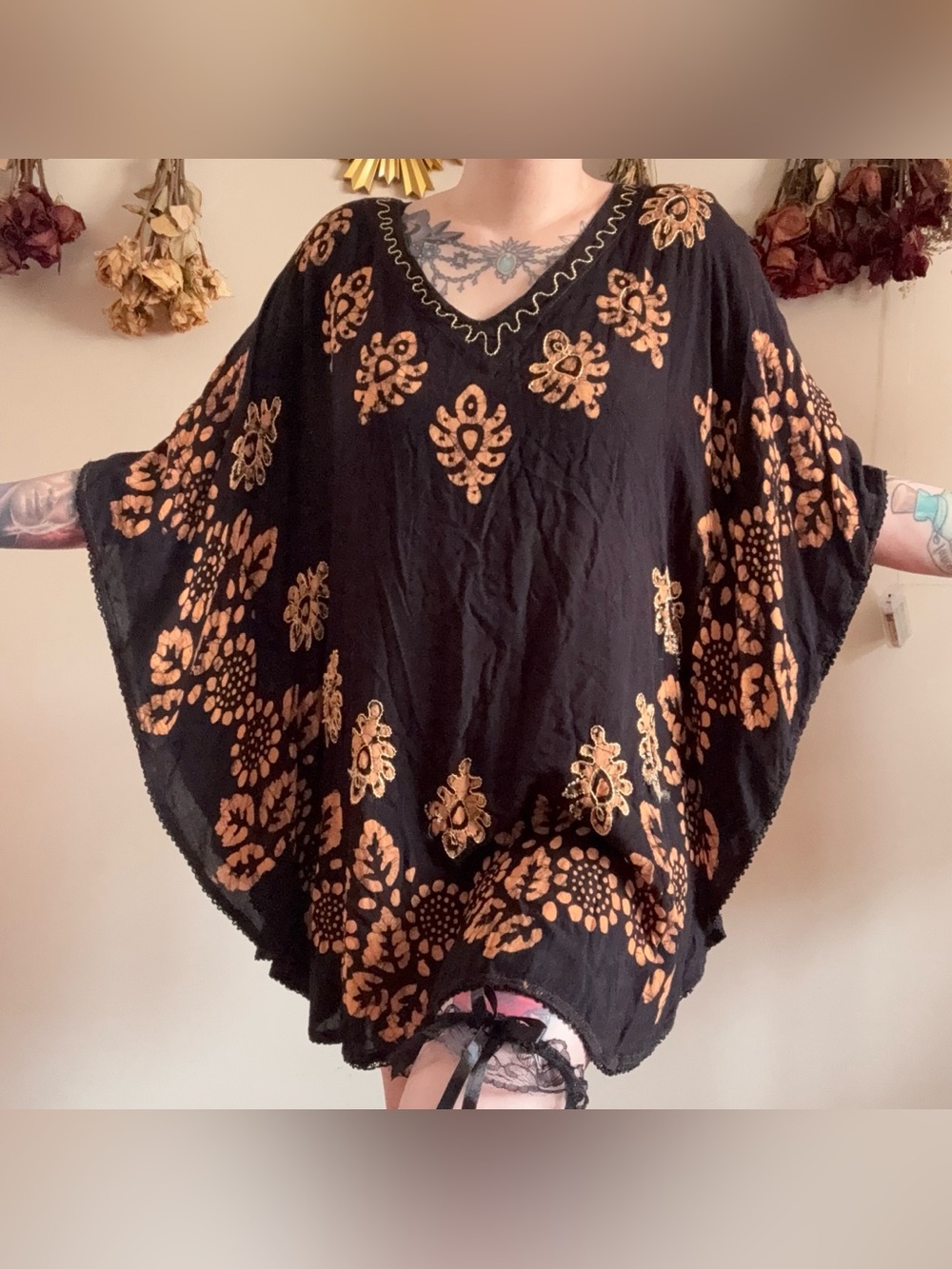 Boho Ace Fashion Orangey Brown and Black Floral Print Tunic Free Size 🖤🤎🧡